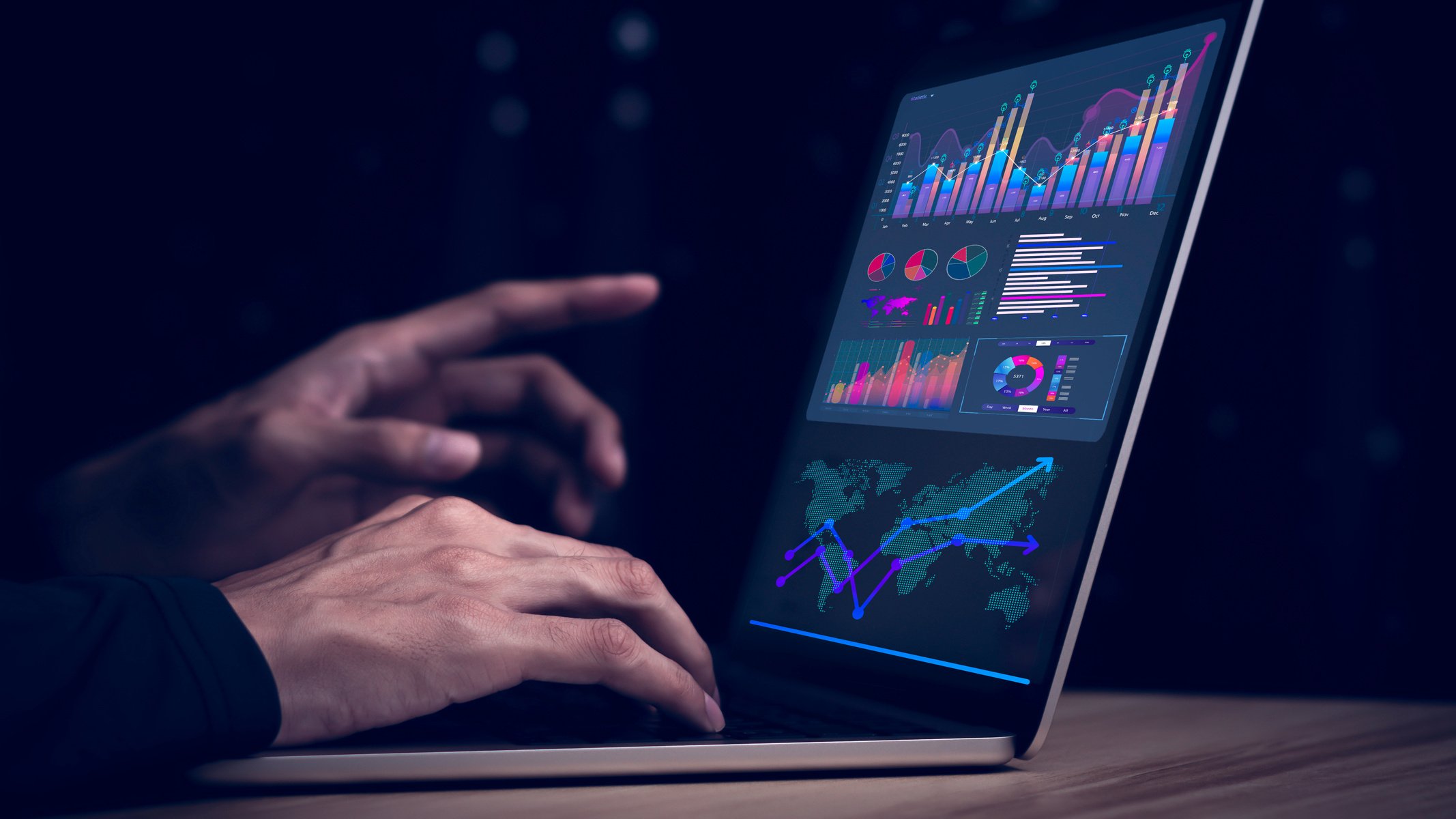 businessman working with business Analytics and Data Management System on computer, online document management and metrics connected to database. Corporate strategy for finance, operations, sales.